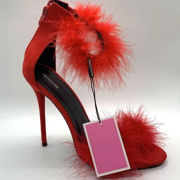 PrettyLittleThing NWTs Red Feathered High Heel Strappy Sandals Size 6 - Picture 3 of 10